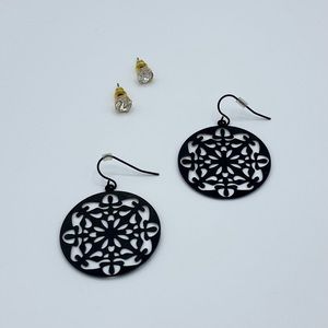 Bundle of Boho Cut Out Dangle Earrings and Crystalline Stud Earrings Black/Gold